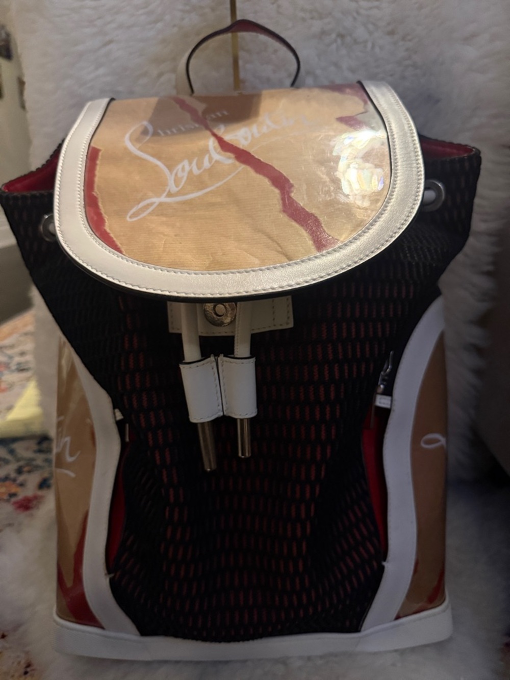 Christian Louboutin Black Explorafunk Backpack with White Trim and Red Interior - Picture 2 of 10